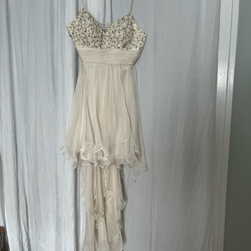Dave & Johnny Cream High Low Dress with Gold & Pearl Embellishments